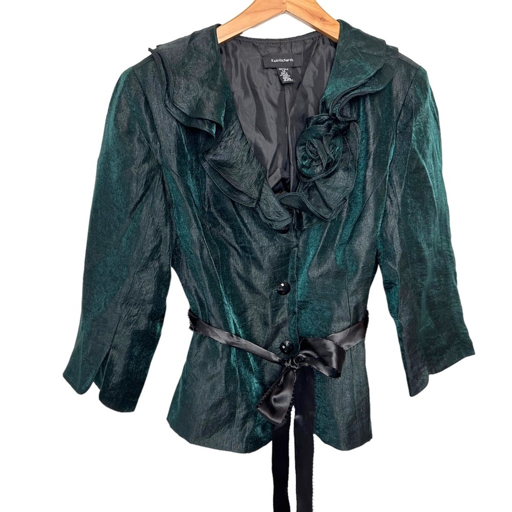 R&M Richards 14 green & black iridescent formal shirt with ruffled collar